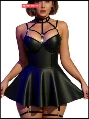 Faux Leather Lingerie Set - Strappy Babydoll Dress with G-String, Halter